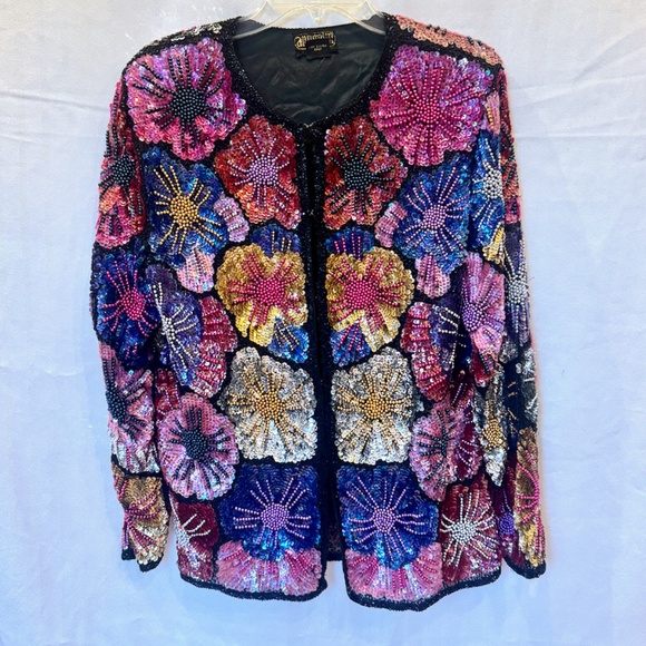 Vintage Anjunum California 100% Silk Sequin Beaded Floral Flowers Jacket